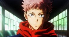 an anime character with short hair and red scarf looking at the camera while standing in front of large windows