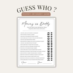 the guess who game for mommy or daddy is shown in black and white with brown lettering