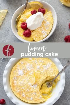 lemon pudding cake with raspberries and whipped cream on top in a white bowl