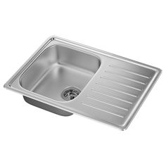 a stainless steel kitchen sink with drainer and strainer on the left hand side