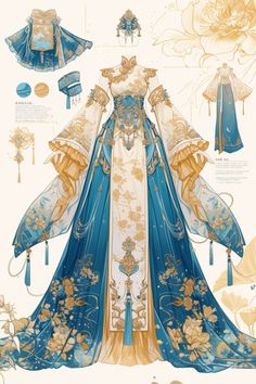 an illustration of a blue and white dress with gold accents