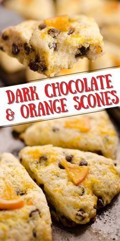 chocolate and orange scones on a baking sheet with text overlay that reads, dark chocolate & orange scones