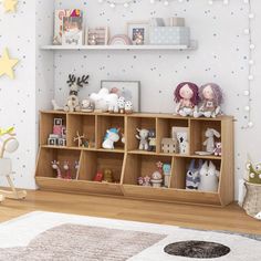 a child's room with toys on the shelves and stars painted on the wall