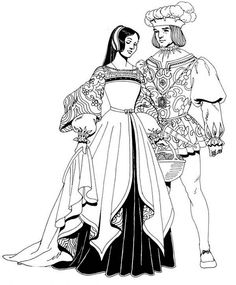 Contour Drawings, Wedding Coloring Pages, French Costume, Tudor Costumes, Fashion Coloring Book, History Fashion