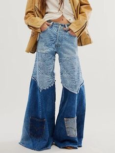 Patchwork High Waist For Female Denim Pants Slimming Hit Color Wide-legged | eBay Hammer Pants, Jean Ideas, Ropa Upcycling, Boho Denim, Denim Decor, Streetwear Jeans, Patchwork Denim, Patchwork Jeans, Trouser Style