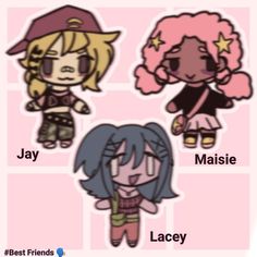 four cartoon girls with different hair styles and name tags on their faces, one girl is wearing