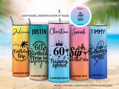 four different colored tumbles with the names of each drink on them and an image of a beach in the background