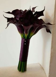 Dark Purple Calla Lily Bouquet, Dark Purple Calla Lilies, Purple Calla Lily Bridal Bouquet, Black Calla Lily Bouquet, Dark Purple Wedding Flowers, Purple Wedding Aesthetic, Purple Calla Lilies Wedding, Purple Calla Lily, Black Calla Lily