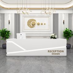 reception desk with white and gold accents in an elegant office setting, designed by exception design