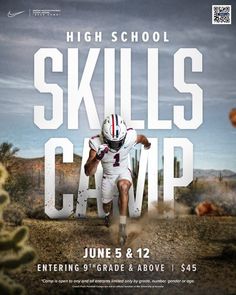 a poster for the high school skills camp with a football player running in front of him