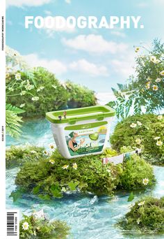 an advertisement for the food company is shown in front of some trees and water with flowers