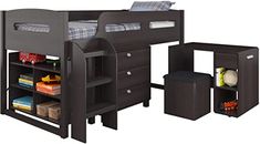 a bunk bed with two drawers and a desk underneath it is shown in this image