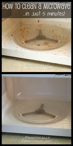 two pictures show how to clean a microwave in just 5 minutes and then it's gone