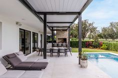 an outdoor living area next to a swimming pool