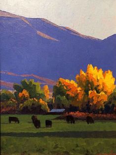 an oil painting of cows grazing in a field with mountains in the background and yellow leaves on trees