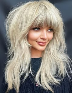 Arched Bang on Long Thick Blonde Hair Blonde Fringe Bangs, Textured Layered Hair, Lots Of Layers Long Hair, Arched Bangs, Full Fringe Bangs, Bangs Blonde Hair, Types Of Bangs, Thick Blonde Hair, V Bangs