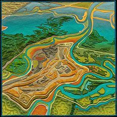 an aerial view of a river and land in the middle of a painting with lots of colors