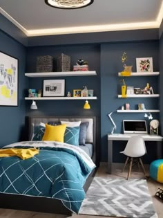 a bedroom with blue walls, yellow accents and white shelves on the wall above the bed