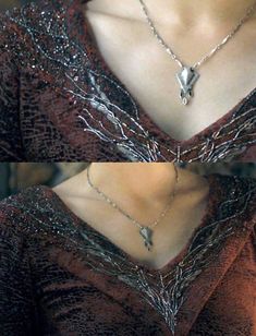 two pictures of a woman wearing a red dress with silver necklaces on her neck