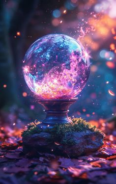 a crystal ball sitting on top of a pile of leaves