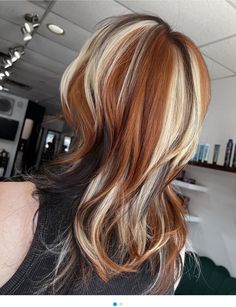 Hair Color Ideas For Extensions, Calico Chunky Highlights, Fox Color Hair Dye, Blonde And Orange Hair, Purple And Orange Hair, Copper Shag, Red Hair With Lowlights, Calico Hair Color, Calico Hair