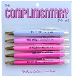 the complimentary pen set includes four pens with writing on them