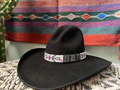 Hand Beaded Yei Hat Band Traditional Beaded Rodeo Hats, Traditional Beaded Hats For Rodeo, Black Beaded Western Hat, Southwest Home, Southwest Home Decor, Turquoise Belt, Fire Opal Earrings, Tooled Leather Bag, Tooled Leather Purse