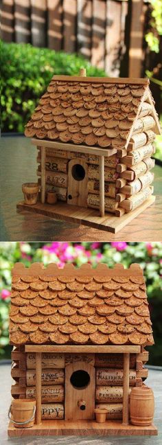 the bird house is made out of wood