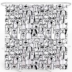 black and white shower curtain with dogs all over the shower mat, in front of a white background