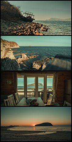 four different shots of the ocean at sunset or sunrise, with one photo taken from another