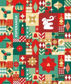 an abstract christmas pattern with many different ornaments and shapes in red, green, yellow and white