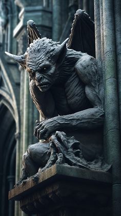 a gargoyle statue sitting on top of a wooden table in front of a building