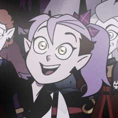 an animated image of some people with purple hair and black clothes, one is smiling at the camera