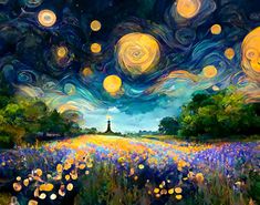 an oil painting of a field full of yellow flowers with the sky in the background