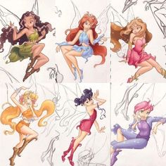 the four fairy princesses are flying through the air with their tails and legs spread out