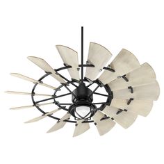 a ceiling fan with wooden blades hanging from it's center point, on an isolated white background