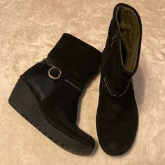 Very Good Condition. Black Suede/Leather. Side Zippers. 2.5 Inch Wedge Heel. Size 37/7 Fly London Shoes, Fly London, Wedge Heels, Black Suede, Suede Leather, Bootie Boots, Ankle Boots, Wedges, Women Shoes