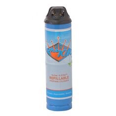 a blue canister with an orange crown on it's top and the words, refillable