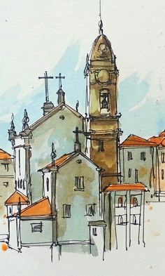 an ink drawing of a church with orange roof tops