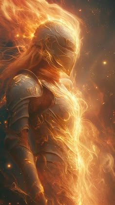 a woman dressed in armor with fire around her shoulders and arms, standing in front of a star filled sky