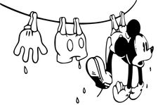 mickey mouse hanging on the clothes line with his hands up to dry off it's clothes