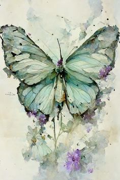 a watercolor painting of a butterfly with purple flowers