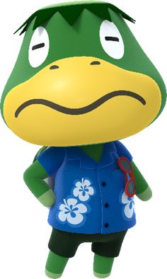 a green and yellow frog wearing a blue shirt with white flowers on it's chest