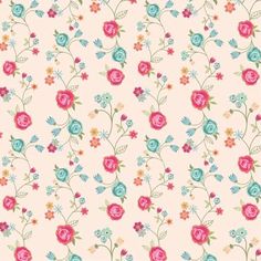 a pink and blue flowered wallpaper with many different flowers on it's sides