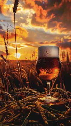 a glass of beer sitting on top of a table next to some tall stalks of grass