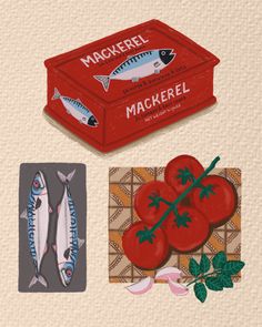 Canned mackerel illustration, food illustration, kitchen print Canned Fish Illustration, Hand Drawn Food Illustration, Mackerel Illustration, Canned Fish Recipes, Fish Tin, Canned Mackerel, Tomato Art, Illustration Fish, Fish Illustrations