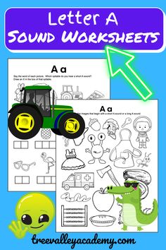 the letter a worksheet is shown with an image of a green monster and a tractor