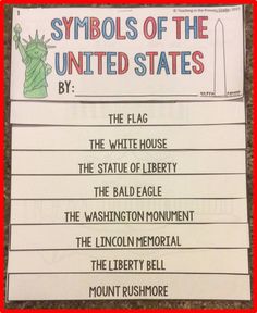 the symbols of the united states are shown in red and white letters on a piece of paper