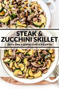 steak and zucchini skillet with text overlay