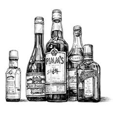 an ink drawing of liquor bottles on a white background with the words, james's